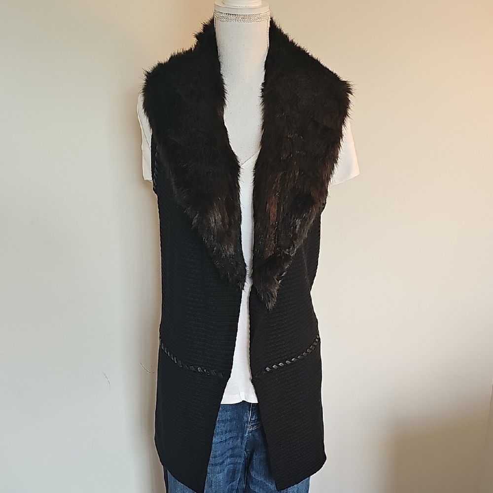 White House Black Market Black Faux Fur Collar Vest